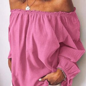 Casual Off Shoulder Long Sleeve Solid Top, Blouses and Shirts, color:Pink|size:XXL, Stylewe