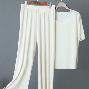 Crew Neck Casual Plain Two-Piece Set, Pajamas, color:Beige|size:XXL, Noracora