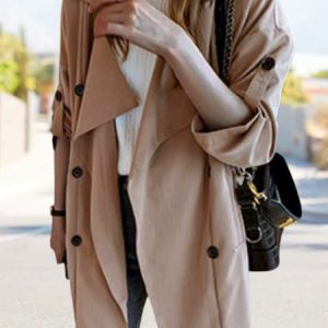 Shawl Collar Long Sleeve Plain Buckle Regular Micro-Elasticity Loose Trench Coat For Women, Trench coat, color:Khaki|size:4XL, Noracora