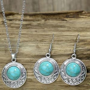 Ethnic Silver Metal Turquoise Earrings Necklace Jewelry Set Vintage Casual Women Jewelry, Necklaces, color:As Picture|size:One-size, JustFashionNow