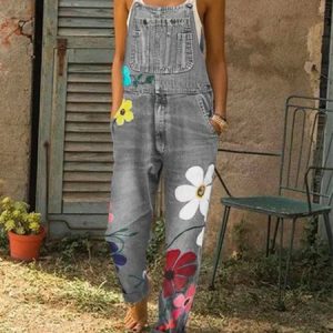 Women Fashion Sleeveless Denim Floral Floral-Print One-Pieces, Jumpsuits&Rompers, color:Gray|size:5XL, JustFashionNow