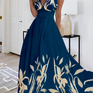 Summer Casual Leaf V Neck Dress, Formal Dresses, color:Dark Blue|size:XXL, JustFashionNow