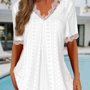 V Neck Regular Fit Casual Plain Shirt, Shirts & Blouses, color:White|size:XXL, JustFashionNow
