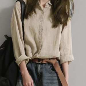 Plain Buckle Long Sleeve Casual Blouse, Shirts, color:Apricot|size:XXL, Noracora
