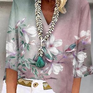 Casual Floral V Neck Regular Fit T-Shirt, T-Shirts, color:Pink|size:3XL, JustFashionNow
