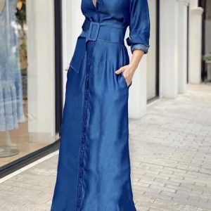 Shirt Collar  Regular Fit Casual Faux Denim Dress With Belt, Maxi Dresses, color:Blue|size:XXL, Stylewe