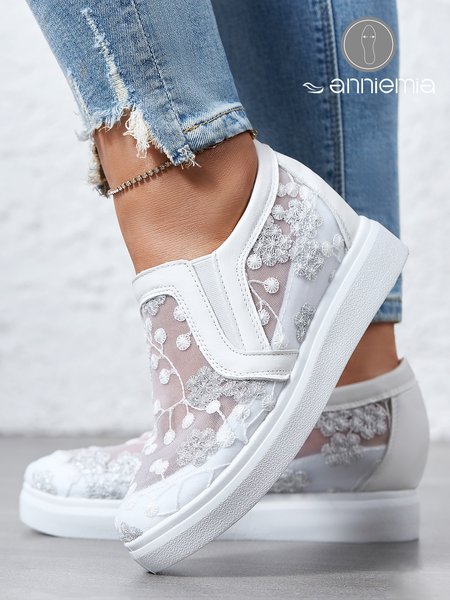 Mesh Embroidery Casual Paneled Slip-On Wedge Shoes, Flats, color:White|size:41, JustFashionNow