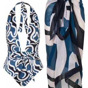 Abstract V Neck Vacation One Piece With Cover Up, One-Pieces, color:Blue|size:XXL, Stylewe