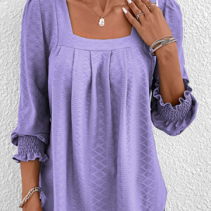 Casual Plain Square Neck Long Sleeve T-shirt, T-shirts, color:Purple|size:XXL, Noracora