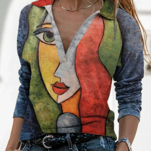 JFN Collar V Neck Painting Causal T-Shirt/Tee, Long sleeve tops, color:Multicolor|size:3XL, JustFashionNow