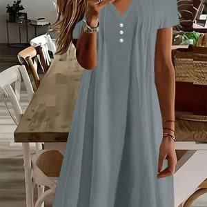 Casual V Neck Ruched Dress, Dresses, color:Gray|size:XXL, JustFashionNow