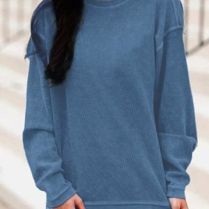Women Basic Blue Casual Solid Crew Neck Long Sleeve Shirt&Top, Sweatshirts & Hoodies, color:Blue|size:5XL, JustFashionNow
