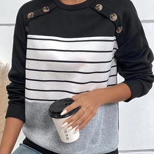 Striped Buckle Casual Loose Sweatshirt, Hoodies & Sweatshirts, color:Black|size:XXL, Noracora