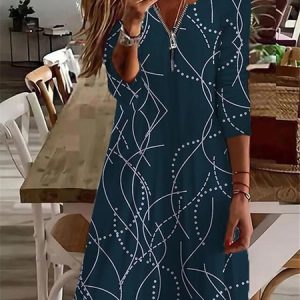 Women Floral V Neck Long Sleeve Comfy Casual Zipper Midi Dress, Midi, color:Navyblue|size:3XL, Noracora