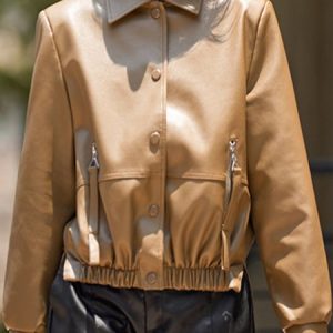 Shawl Collar Long Sleeve Plain Zipper Regular Micro-Elasticity Loose Leather & Faux Leather For Women 2023, Jackets, color:Khaki|size:4XL, Noracora