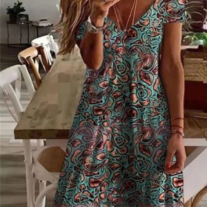 Casual Loose V Neck Floral Dress, Dresses, color:Green|size:XXL, JustFashionNow