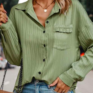 Shirt Collar Casual Loose Geometric Flap Pocket Drop Shoulder Shirt Blouse, Shirts & Blouses, color:Green|size:XXL, JustFashionNow