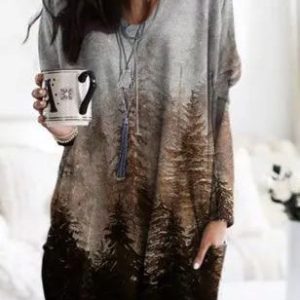 Casual Winter V neck Mid-weight Micro-Elasticity Midi Long sleeve TUNIC Dress for Women, Short, color:Multicolor|size:XXL, Noracora
