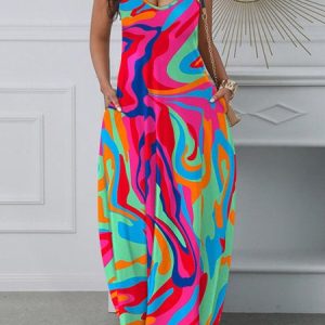 Loose Abstract V Neck Vacation Gallus Dress, Maxi Dresses, color:Multicolor|size:XXL, Stylewe