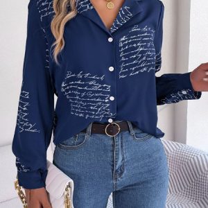 Shawl Collar Casual Regular Fit Text Letters Blouse, Shirts & Blouses, color:Deep Blue|size:XL, JustFashionNow