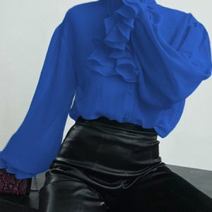 Stylewe Shirt Collar Elegant  Flouncing  Top, Blouses and Shirts, color:Blue|size:XXL, Stylewe