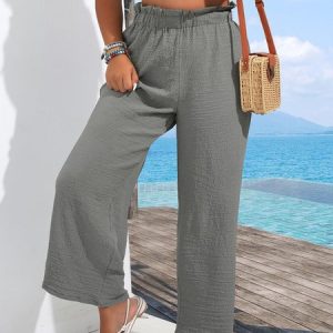 Casual Plain Wide Leg Pants, BOTTOM, color:Dark Green|size:4X, Noracora