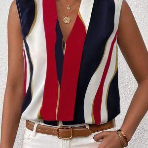 Abstract Stripes V Neck Printing Tank Top, Tanks & Camis, color:White-Red|size:XS, JustFashionNow