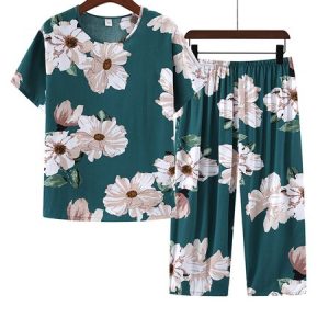 Breathable Cozy Floral Print Cotton Pajama Set, Loungewear & Sleepwear, color:darkgreen|size:5XL, JustFashionNow