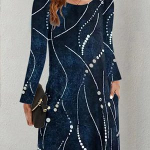 Casual Floral Crew Neck Dress With No, Dresses, color:Deep Blue|size:3XL, JustFashionNow