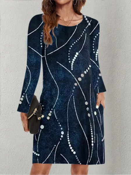 Casual Floral Crew Neck Dress With No, Dresses, color:Deep Blue|size:3XL, JustFashionNow