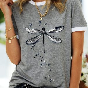 Dragonfly Animal T-Shirt Women Summer Tee Top, color:Gray|size:3XL, Lilicloth.com