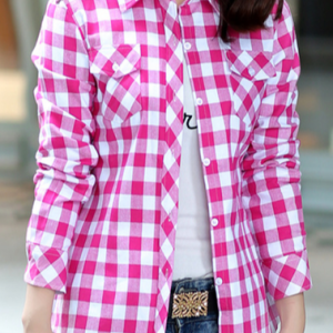 Plaid Buckle Pockets Long Sleeve Casual Blouse, Shirts, color:Rose Red|size:XXL, Noracora