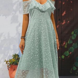 V Neck Lace Elegant Dress, Dresses, color:Lightgreen|size:XXL, JustFashionNow