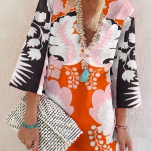 3/4 Sleeve Shift Cotton-Blend Dress, Short, color:Orange|size:3XL, Noracora