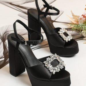 Black Rhinestone Decor Platform Chunky Heel Sandals, Heels, color:Black|size:40, Stylewe