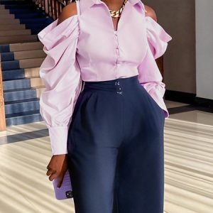 Plain Regular Fit Urban Shirt Collar Blouse, Blouses and Shirts, color:Pink|size:XXL, Stylewe