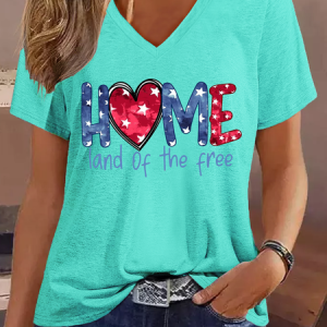 Women's Home Of The Free Because Of The Brave 4th Of July V Neck Cotton-Blend Casual T-Shirt, color:Green|size:3XL, Lilicloth.com