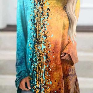 Women Casual Abstract Autumn Raglan Sleeve Daily Loose Best Sell Crew Neck Regular Size Tunic T-Shirt, T-shirts, color:Multicolor|size:XXL, Noracora