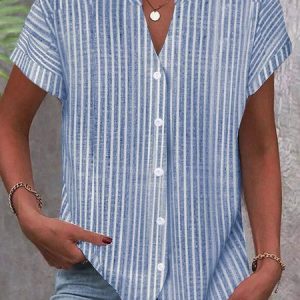 Stand Collar Striped Loose Casual Blouse, Shirts & Blouses, color:Blue|size:XXL, JustFashionNow