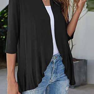 Casual Plain Three-quarter Sleeve Knit Cardigan, Kimono, color:Black|size:XXL, Noracora