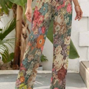Vintage Floral High Waist Long Wide Leg Pants, Pants, color:Multicolor|size:XXL, Noracora