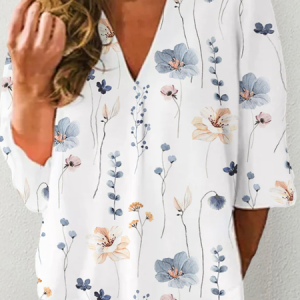 Plus Size Floral Loose V Neck Casual Shirt, Shirts & Blouses, color:White|size:4X, JustFashionNow