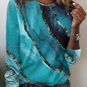 Abstract Casual Loose Long Sleeve T-Shirt, JustFashionNow T-Shirts, color:Blue|size:XXL,