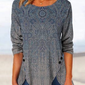 JFN Crew Neck Casual Paisley Autumn Daily Long sleeve Tops, Shirts & Blouses, color:Blue|size:XXL, JustFashionNow