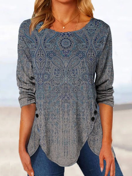JFN Crew Neck Casual Paisley Autumn Daily Long sleeve Tops, Shirts & Blouses, color:Blue|size:XXL, JustFashionNow