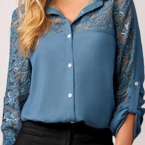 Shirt Collar Long Sleeve Lace Regular Regular Fit Blouse For Women, Shirts, color:Blue|size:XL, Noracora