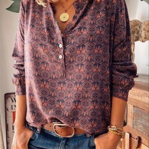 Loose Floral Polyester Fibre Blouse, Shirts, color:Rust|size:XXL, catalog Noracora shop