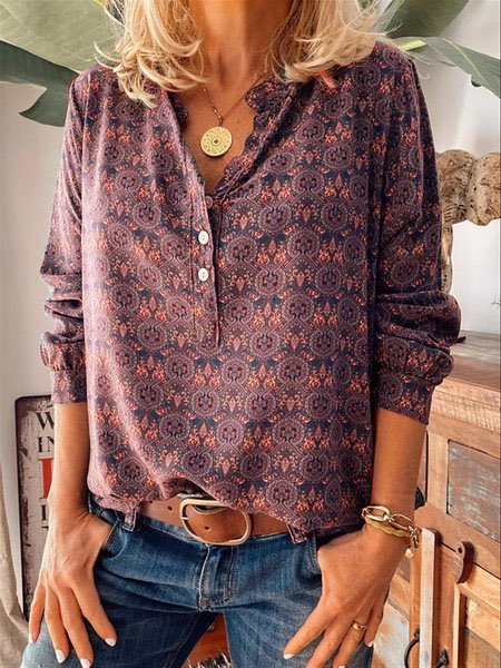Floral Printed Shirt V-neck Long Sleeve Casual Blouse, Shirts & Blouses, color:Rust|size:XXL, JustFashionNow