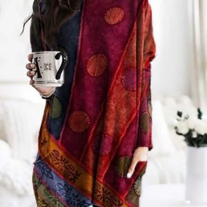 Long Sleeve Casual Printed Cotton-Blend Tunic Top, Blouses, color:Red|size:3XL, Noracora