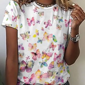 Women's Crew Neck Casual Butterfly T-Shirt, T-shirts, Lilicloth.com